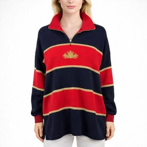St. John Sport Marie Gray Sweatshirt Red Blue Striped 1/4 Zip Soft VTG Size L